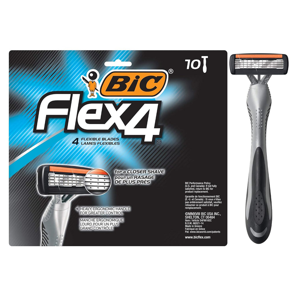 BIC Flex 4 Sensitive Disposable Razors For Men,For a Smooth,Ultra-Close and Comfortable Shave,10 Piece Disposable Razor Set with 4 Blades,(Pack of 12)