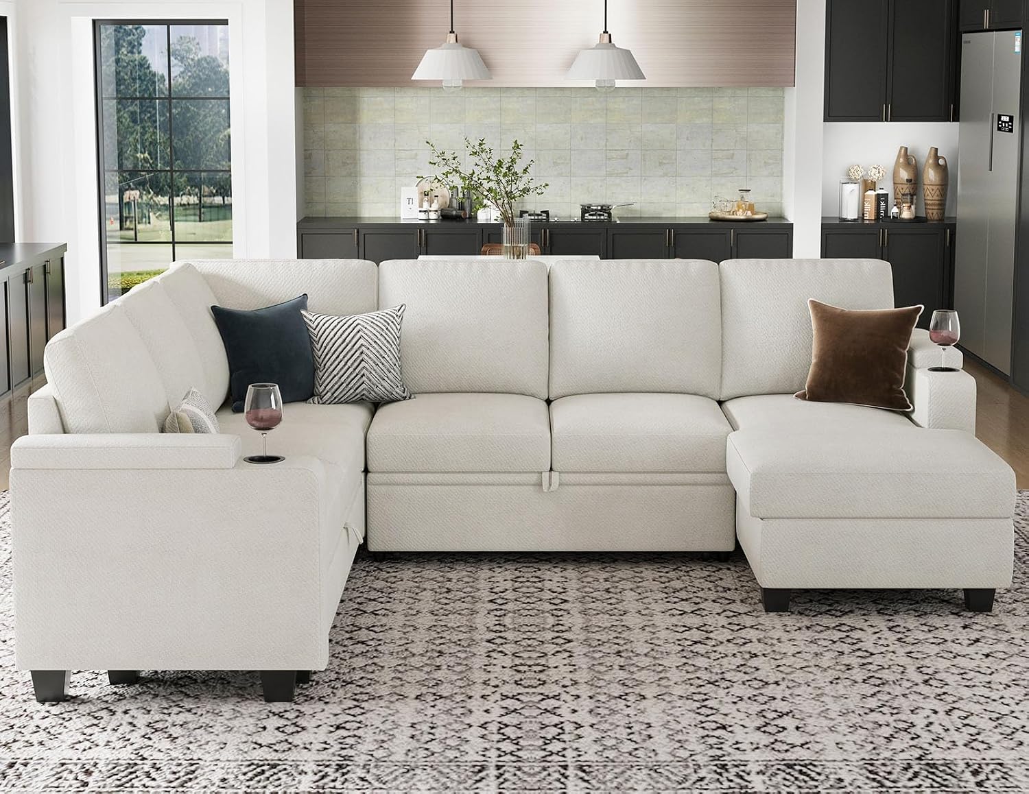 Belffin Sleeper Sofa Modular Sectional Pull Out Couch Bed U Shaped Sofa Couch for Living Room with Storage Chaise. White