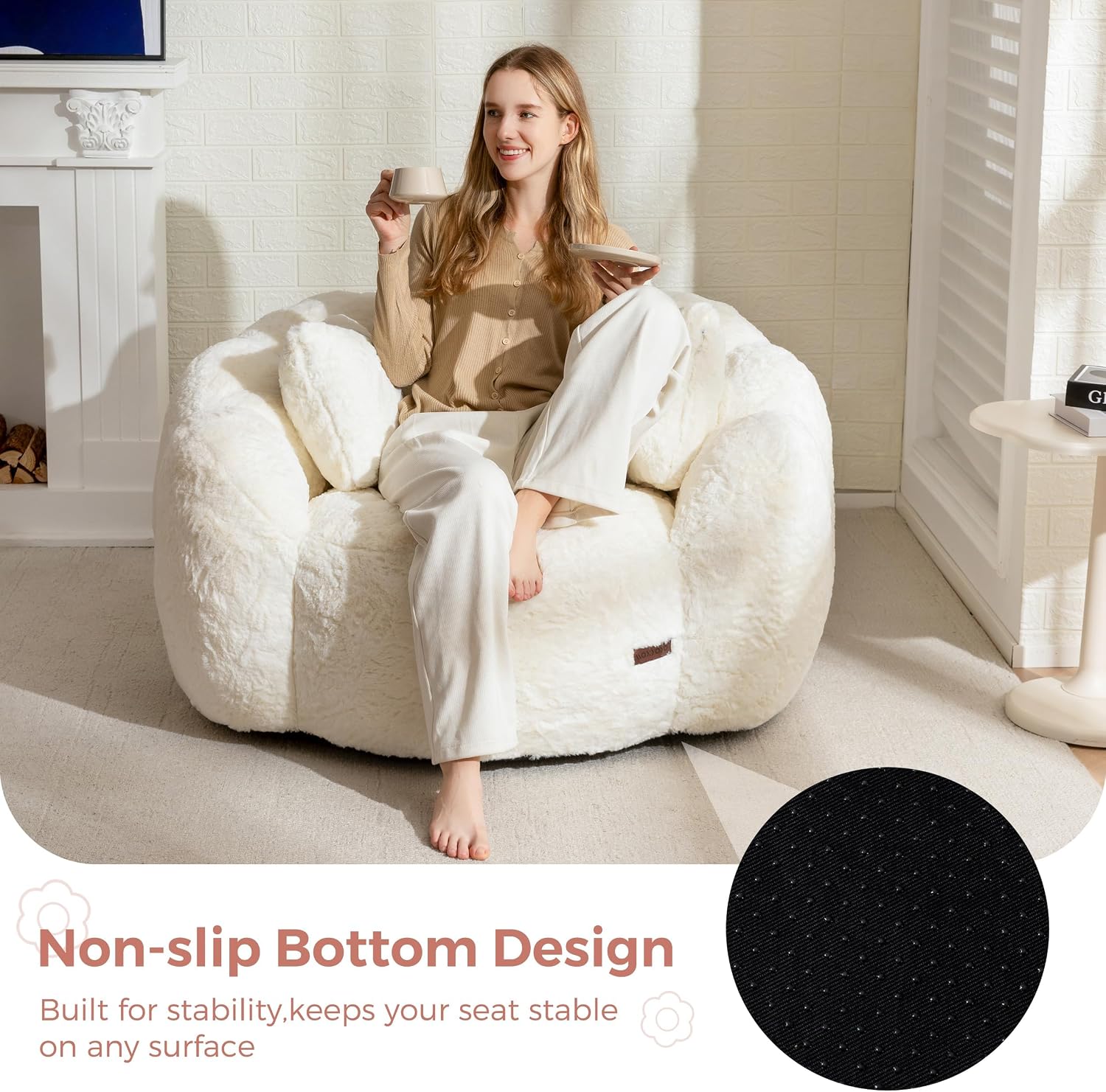 MAXYOYO Bean Bag Chair, Floral Shaped Bean Bag Sofa for Adults, Soft Faux Fur Floor Sofa, Large Stuffed Reading Chair for Living Room, Beige