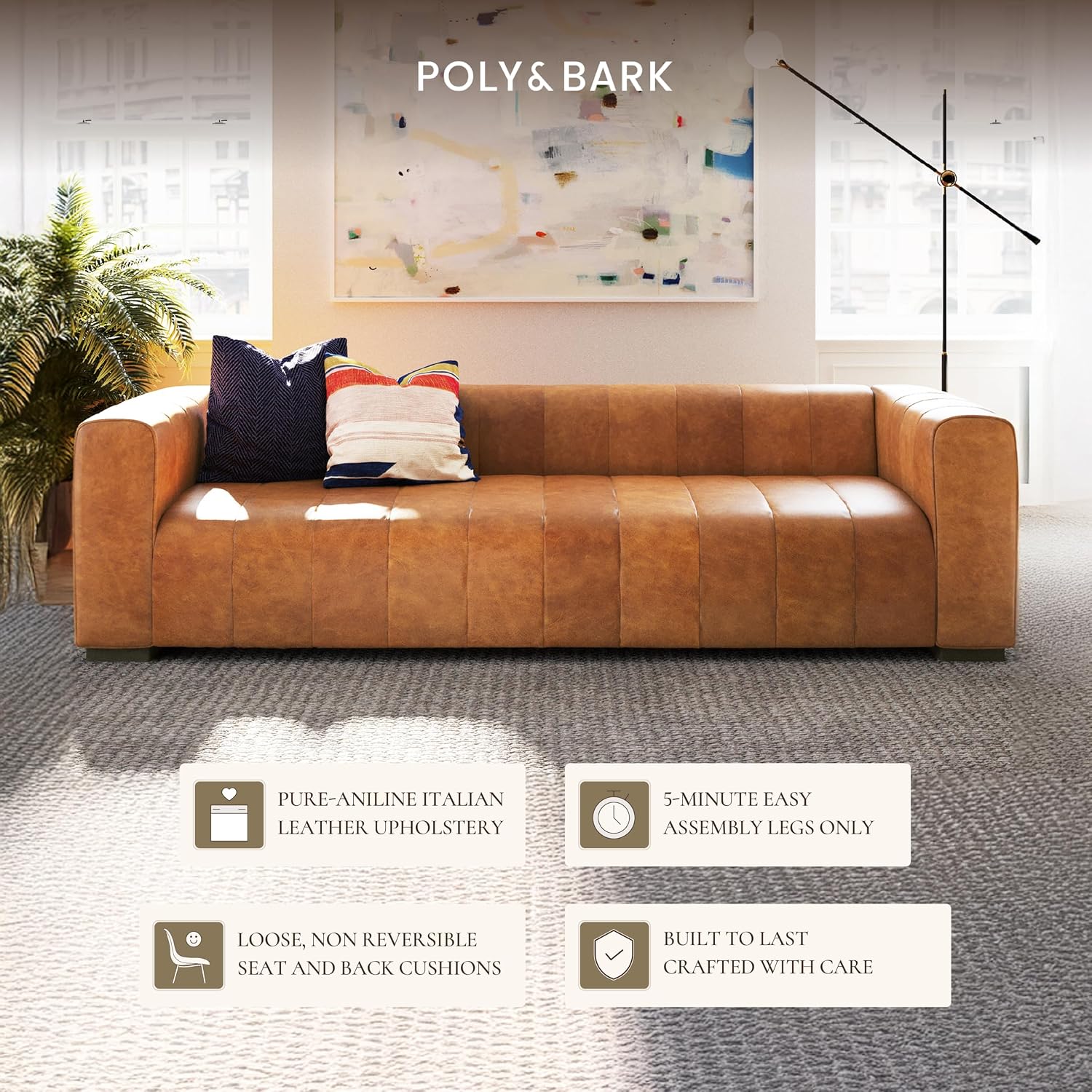 Poly & BARK Canale 99' Sofa – Modern 3-Seater Couch for Living Rooms – Performance Fabric Upholstery, High-Density Foam Cushions, Tapered Legs, Minimal Assembly – Cognac Tan