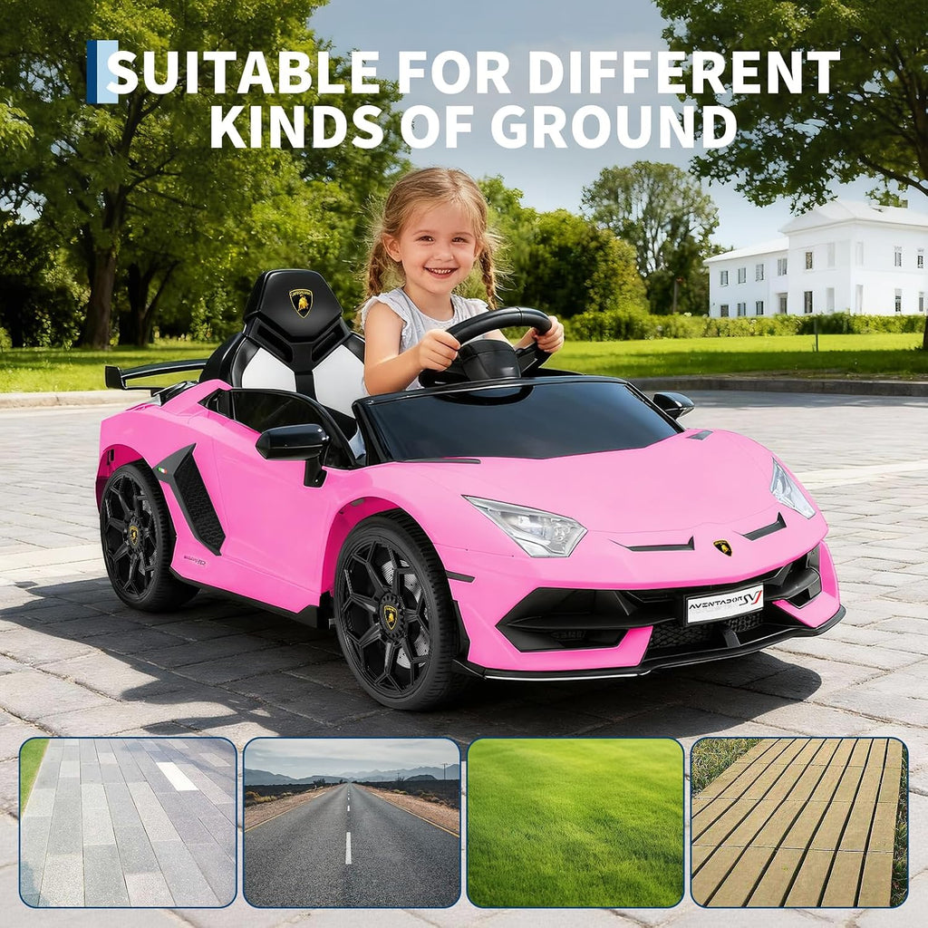 Garvee 12V Kids Electric Car with Remote Control, LED Lights & Sound System - Licensed Lamborghini Battery Powered Ride-On Toy for Boys & Girls (Pink)