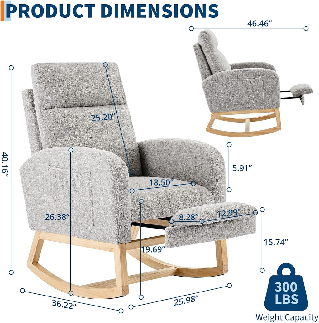 Nursery Rocking Chair with Foot Rest,Modern PU Upholstered Reading Glider Chair,High Backrest & Side Pocket for Living Room, Bedroom, Baby Room