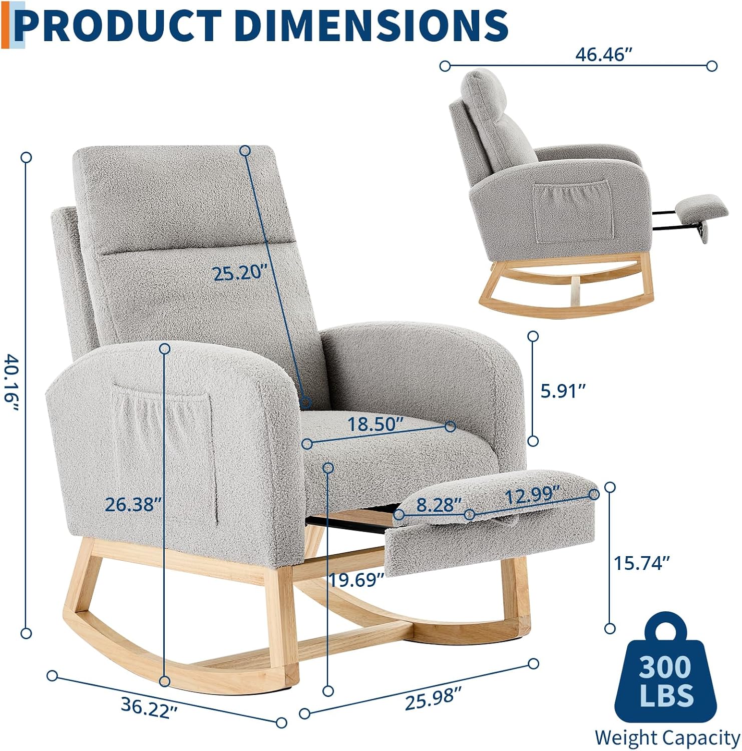 Nursery Rocking Chair with Foot Rest,Modern PU Upholstered Reading Glider Chair,High Backrest & Side Pocket for Living Room, Bedroom, Baby Room