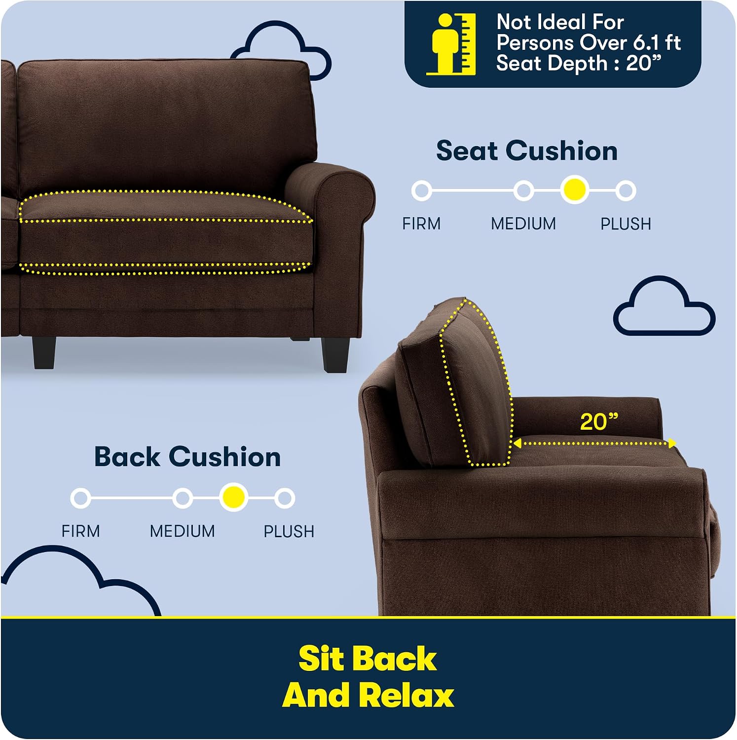 Serta Copenhagen 78' Rolled Arm Sofa, Easy Care Polyester, Soft Pillow Back, Pocket Coil Seat Cushions, Removable Covers, Loveseat or Couch for Small Spaces, Living Rooms or Bedrooms, Brown