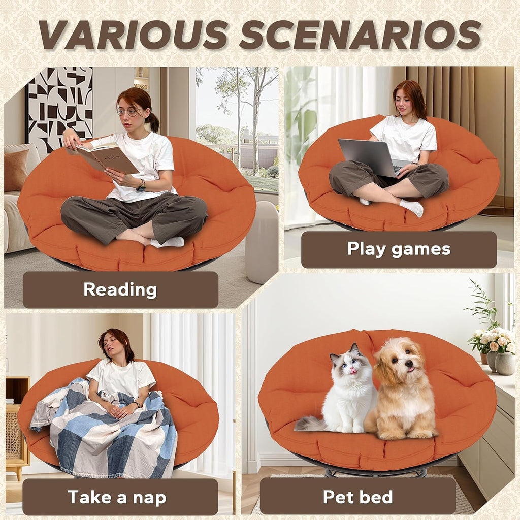 46'' Large Size Papasan Chair (Non-Swivel) with Cushion and Frame, Round Lazy Chair for Living Room and Bedroom, Orange