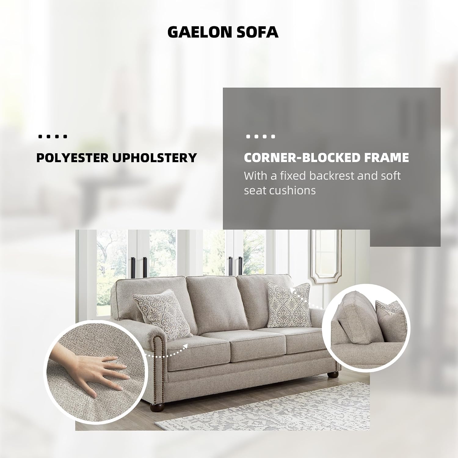 Signature Design by Ashley Gaelon Transitional Sofa with Nailheads and 2 Accent Pillows, Beige