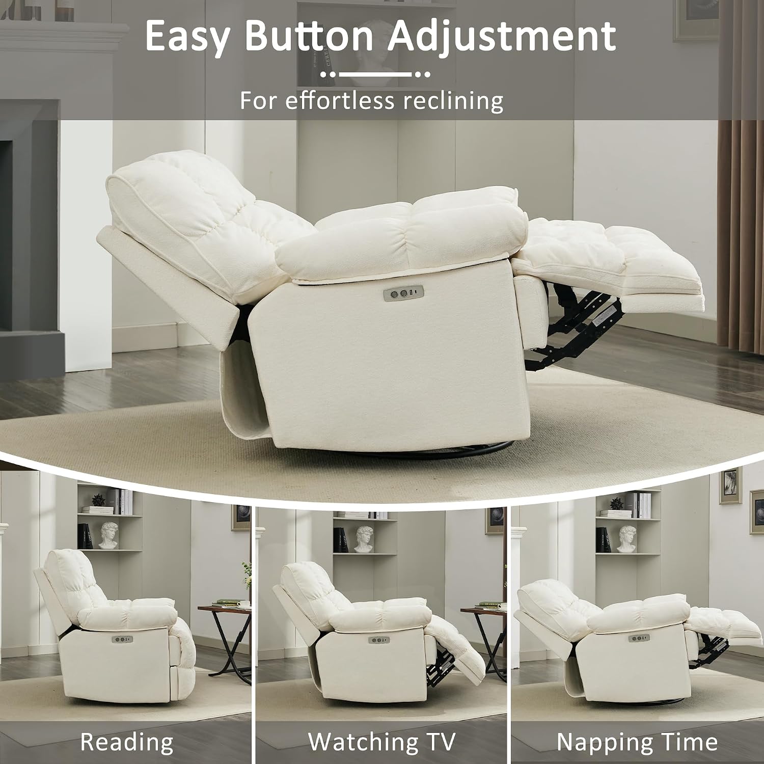 Oversized Rocker Recliner Chair,Power Swivel Recliner for Living Room,Overstuffed Extra Wide Rocking Recliners with Breathable Soft Fabric,Up to 350lbs (Power, White)