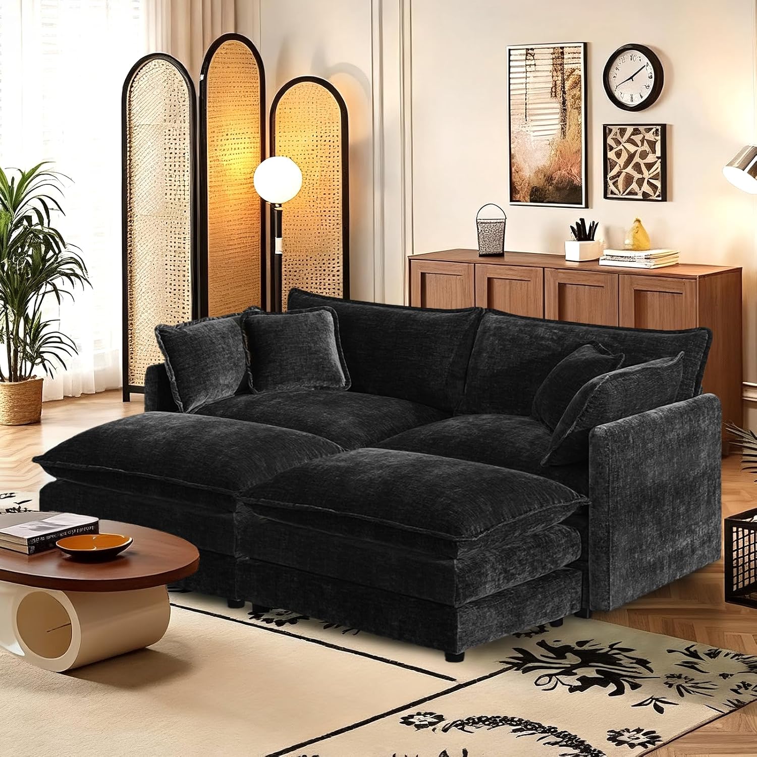 SoarFlash Chenille Sectional Sofa, Comfy Modular Coush Sofa with Ottoman, Modern 2 Seat Recliner Deep Seat Sofa Set for Living Room,Black