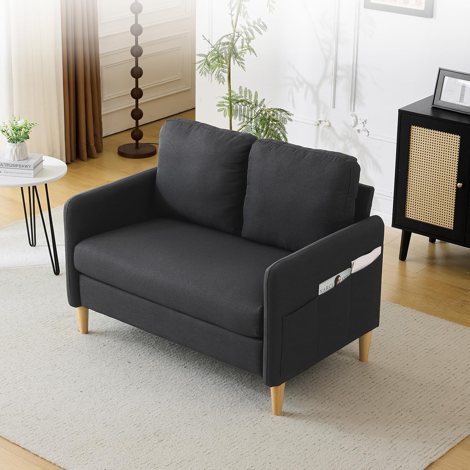 VINGLI 47' Small Couch, Linen Loveseat Sofa Black Mini Couch Mid Century Modern Decor Love Seat for Small Spaces Living Room, Bedroom, Play Room