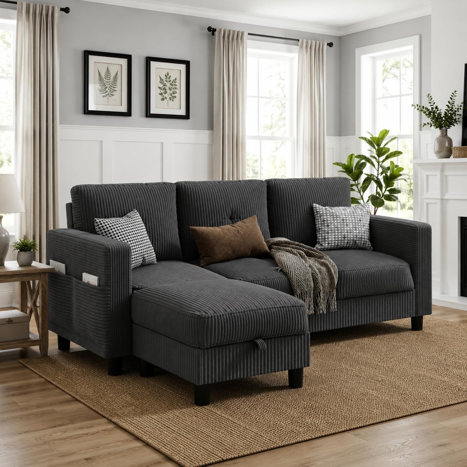 Convertible Sectional Sofa with Storage Ottoman, 77' L-Shaped 3-Seat Couch with Skin-Friendly Corduroy Fabric, Reversible Small Sectional for Small Space, Apartment, Living Room and Office(Dark Grey)