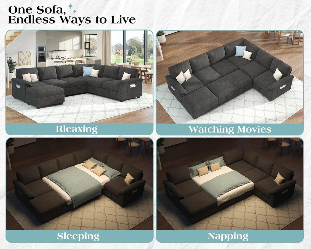 Jocisland 105' Sofa Bed, Sectional Sleeper Sofa with Pull Out Bed/Reclining Backrest, Sleeper Couch Bed with Storage, 6 Seater Couch Bed for Living Room, Chenille Dark Gray