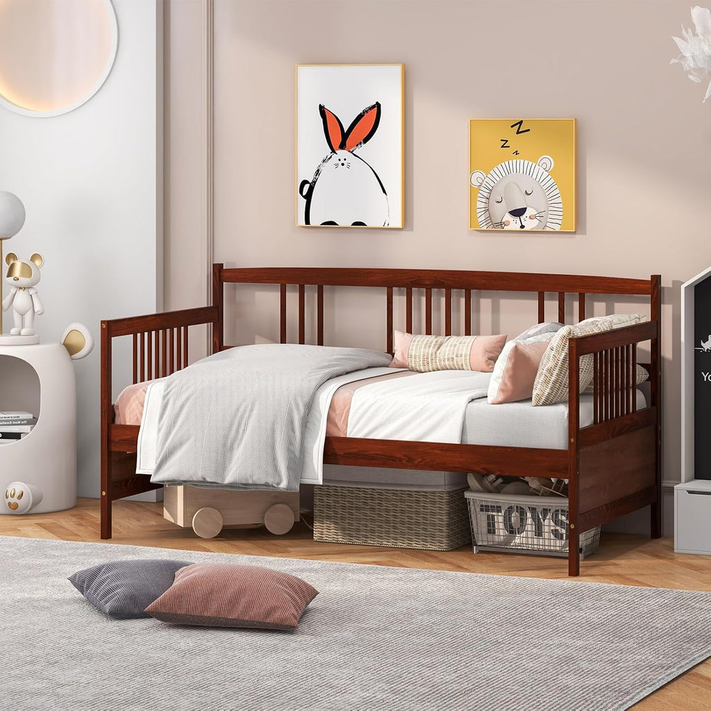 Giantex Twin Daybed Frame, Wooden Sofa Bed Guest Bed with Rails & Wood Slat Support, Dual-use Twin Size Platform Bed Frame for Living Room Bedroom, No Box Spring Needed, Cherry