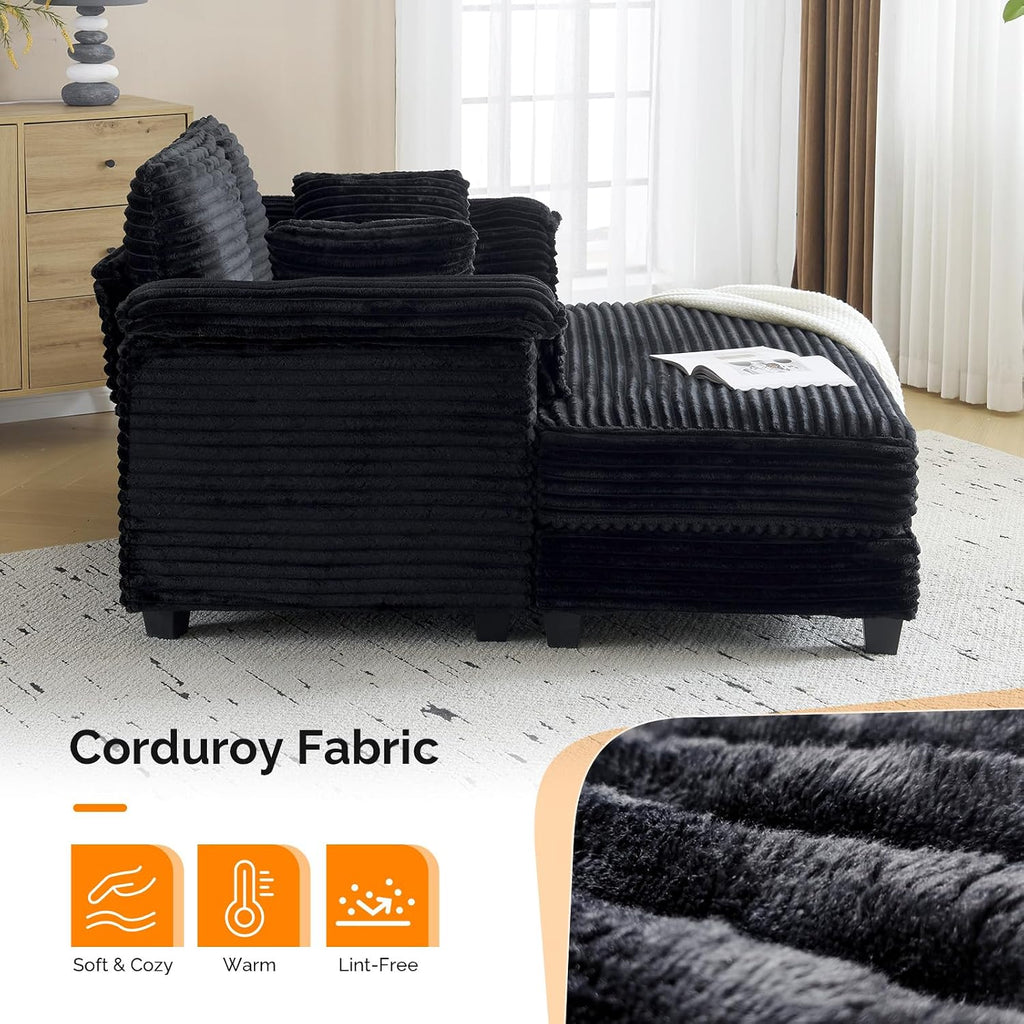 VINGLI 56' Oversized Chaise Lounge Chair, Black Comfy Corduroy Chaise Sofa Recliner Bed Upholstered Sleeper Couch Bed with Throw Pillows and Armrests for Living Room, Movie Room, Bedroom