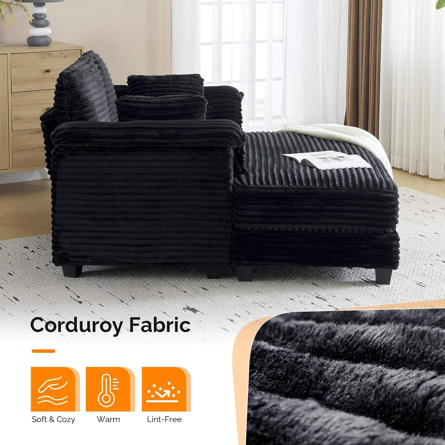 VINGLI 56' Oversized Chaise Lounge Chair, Black Comfy Corduroy Chaise Sofa Recliner Bed Upholstered Sleeper Couch Bed with Throw Pillows and Armrests for Living Room, Movie Room, Bedroom