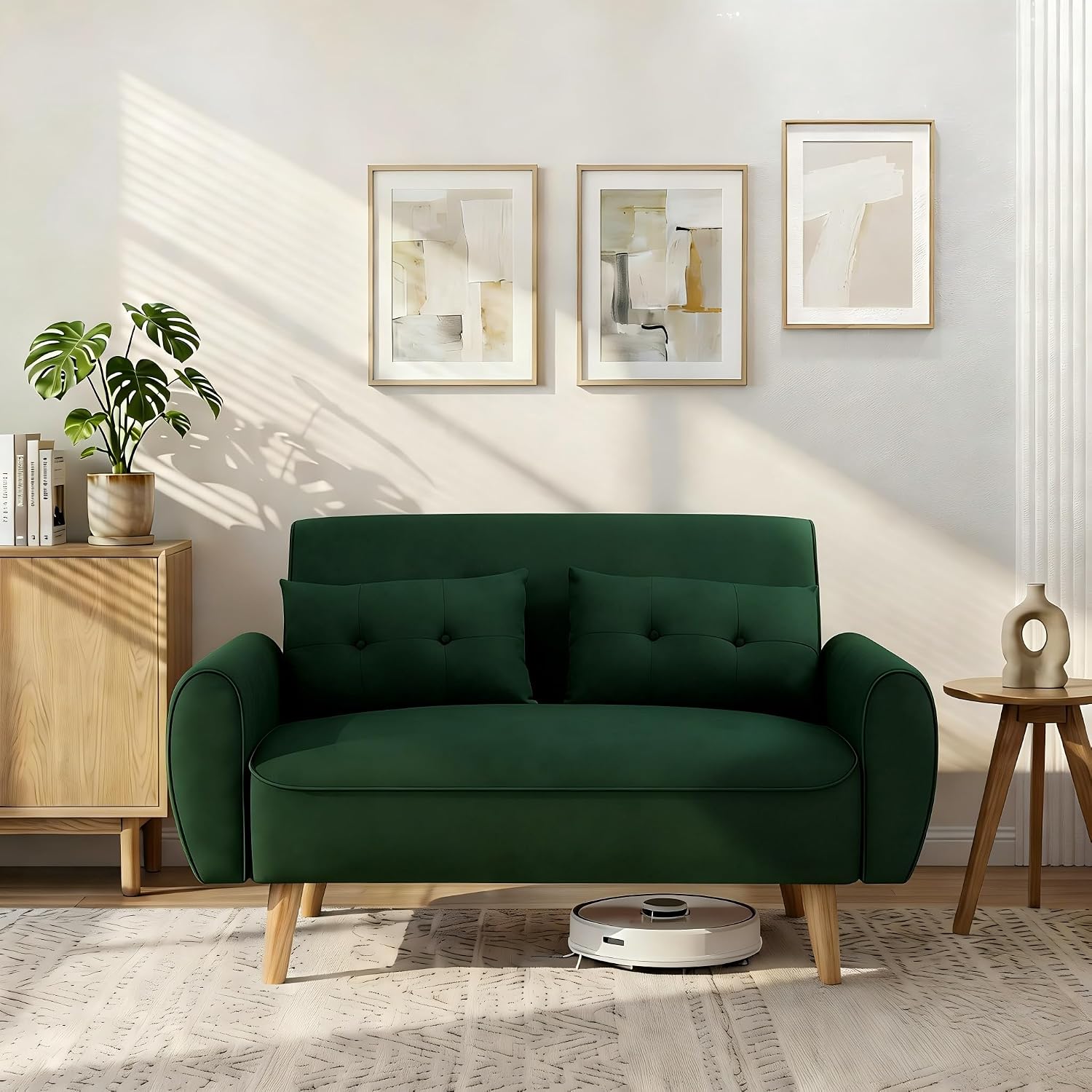 Shintenchi 48'' Loveseat Sofa, Mid-Century Modern Upholstered Couch Deep Seat with 2 Pillows, 10' Thick Cushion with Spring, Solid Wood Frame Small Couch for Living Room, Dorms & Office, Green