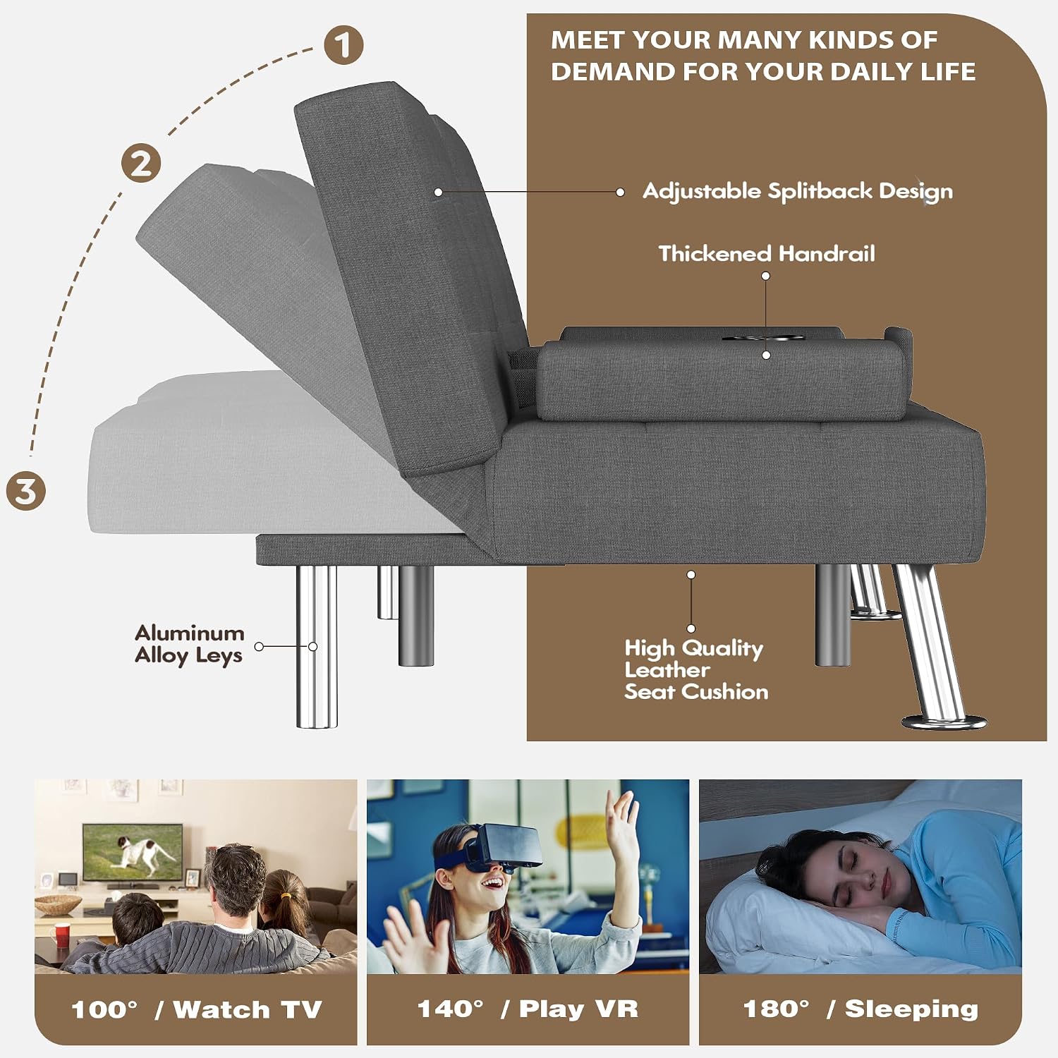 Homall Futon Sofa Bed, Futon Couch with Removable Armrests, Adjustable Recliner Sleeper Sofa Bed with Dual Cup Holders for Living Room, Apartment, Office (Fabric, Dark Grey)