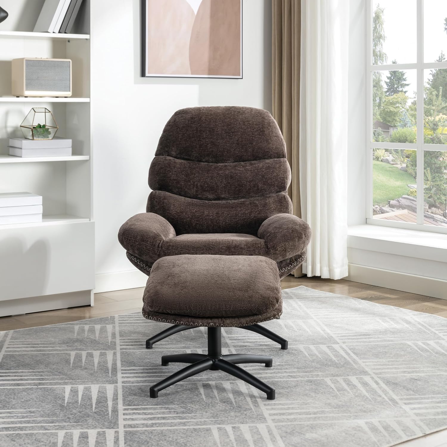 OSP Home Furnishings Kerry Modern Plush Swivel and Rocking Lounge Chair and Foot Rest with Black Base, Brown Fabric