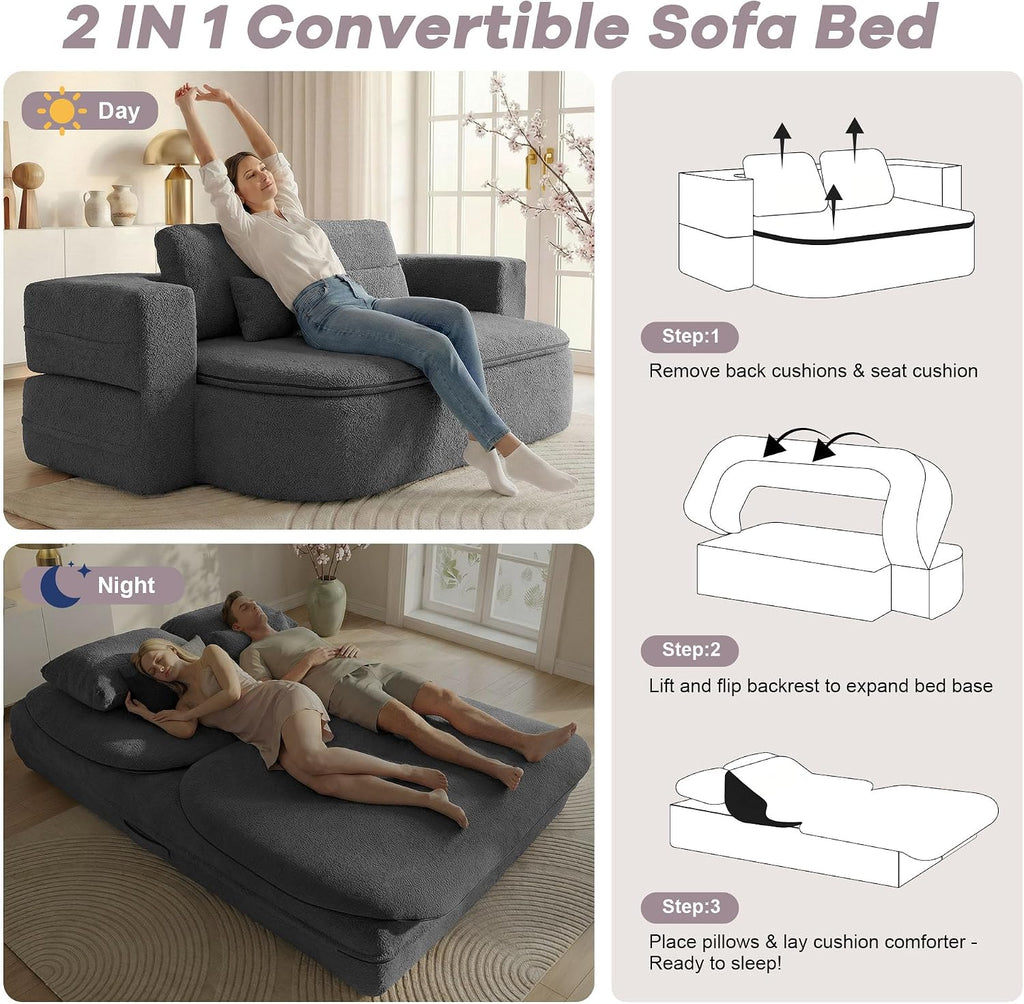 75'' Folding Sleeper Sofa Bed, Convertible Memory Foam Boneless Couch, Foldable Full Size Guest Bed, Modern 2-in-1 Futon Floor Sleeper Sofa with 4 Pillows and Blanket (Teddy, Dark Gray)