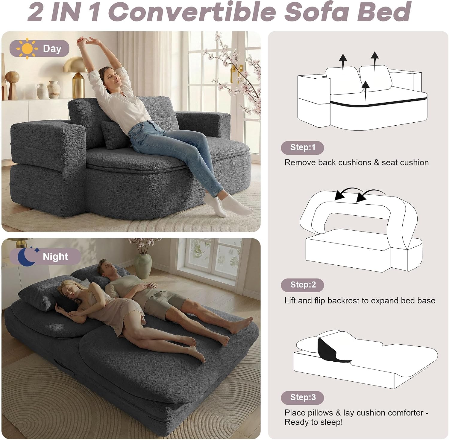 75'' Folding Sleeper Sofa Bed, Convertible Memory Foam Boneless Couch, Foldable Full Size Guest Bed, Modern 2-in-1 Futon Floor Sleeper Sofa with 4 Pillows and Blanket (Teddy, Dark Gray)