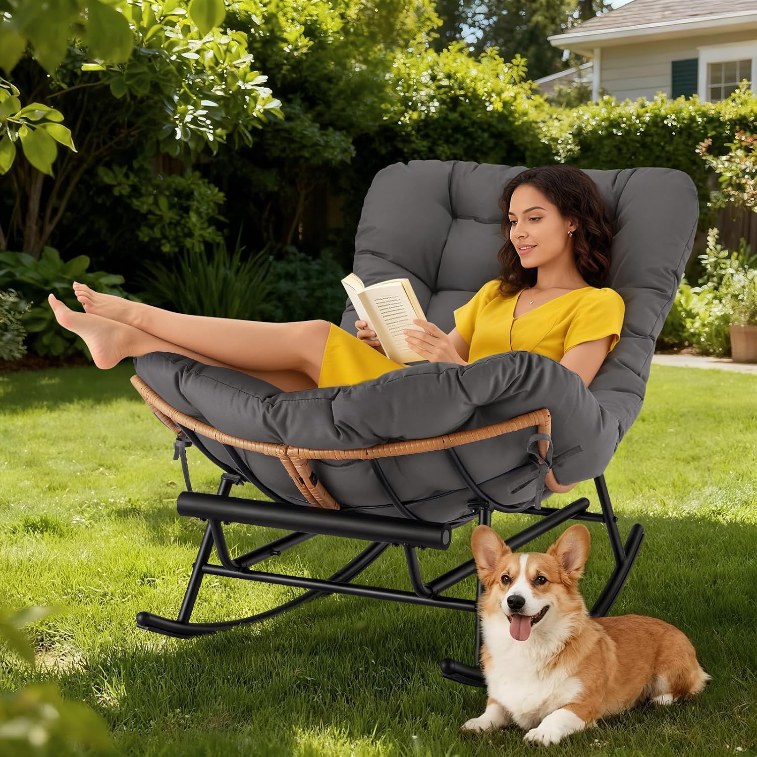 Garvee 2PCS Papasan Rocking Chair with Foot Rest, Oversized Papasan Chair with Thick Removable Cushion and Metal Frame, Lounge Chairs and PE Rattan Rocker for Patio, Porch, Garden, Lawn, Living Room
