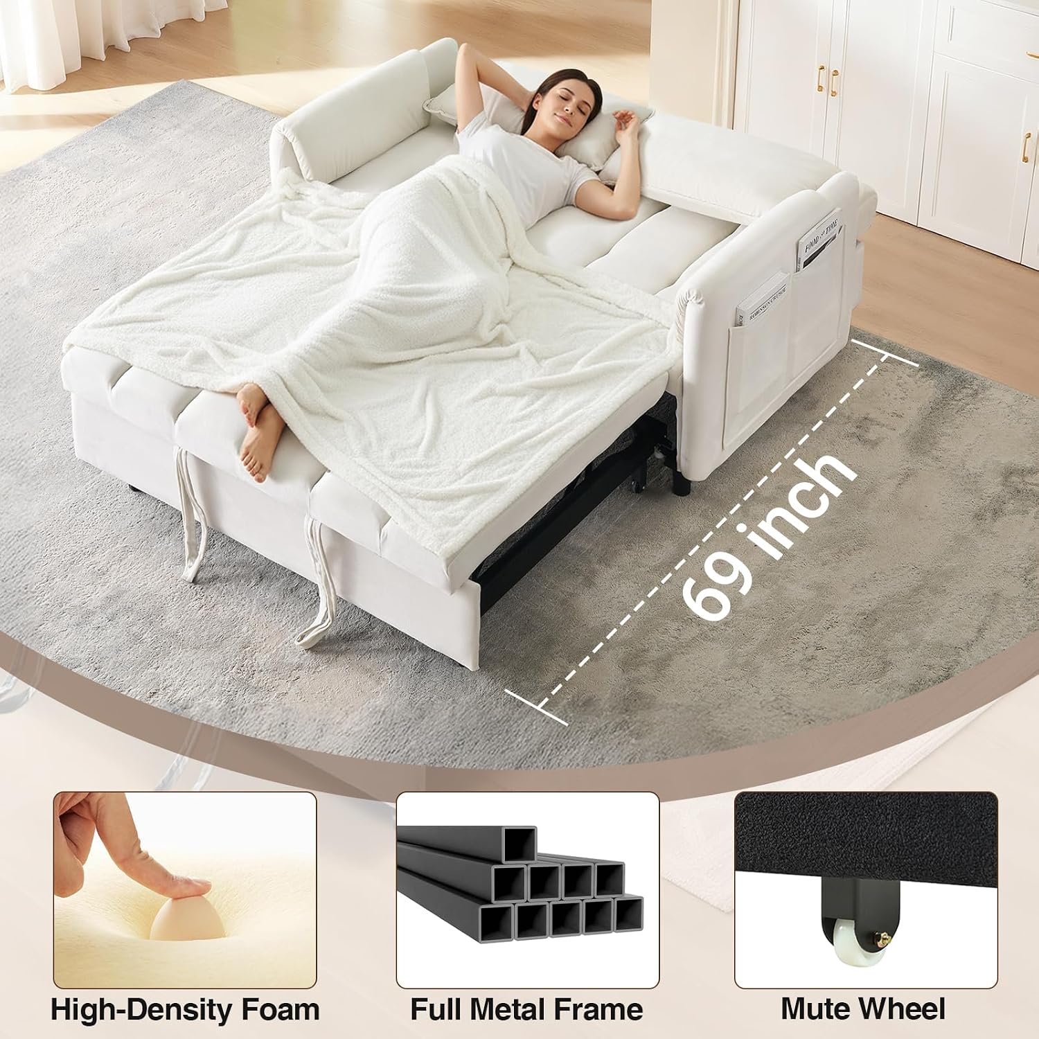 CAPCAEK 3 in 1 Convertible Sleeper Sofa Bed, Modern Velvet Loveseat Pull-Out Couch w/Pullout Bed, Small Love Seat Lounge Sofa w/Reclining Backrest,Toss Pillows, Pockets, for Living Room