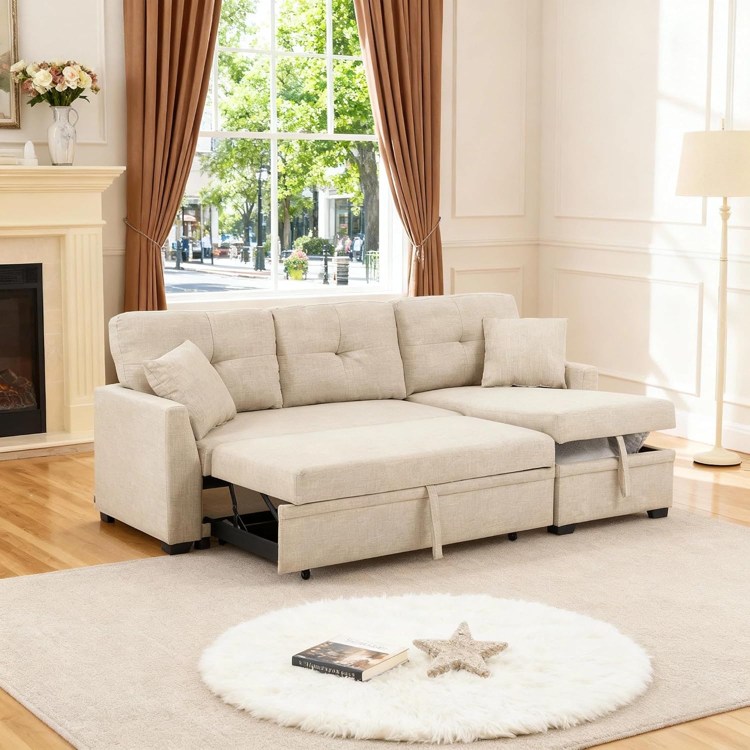 Sectional Sleeper Sofa with Pull Out Bed, L Shape Convertible Couch with Storage Chaise, Comfy Sleeper Couch, 2 in 1 Pull Out Sofa Bed with 2 Seats, for Living Room, Apartment, Beige
