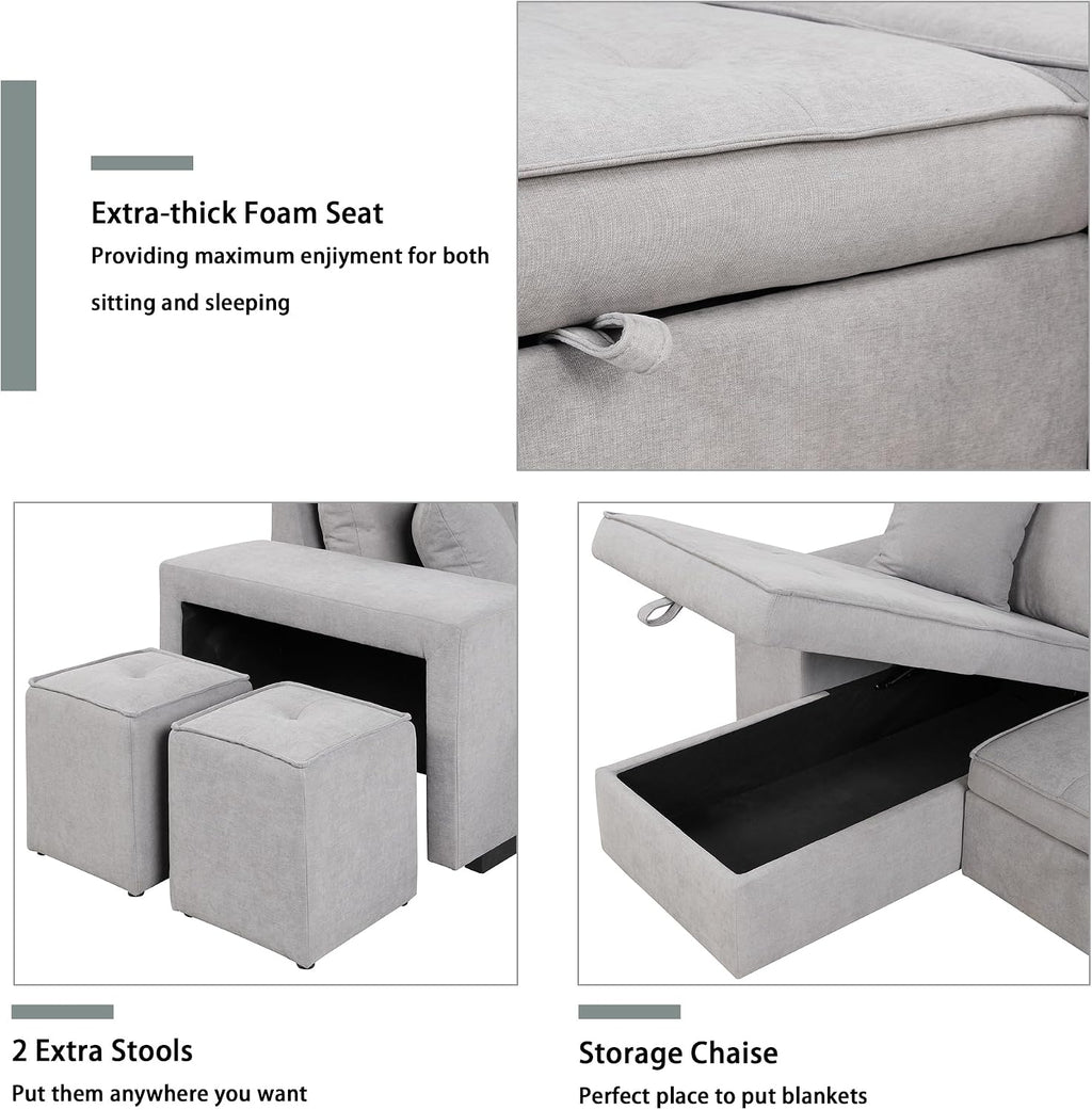 104.5 inch Reversible Sleeper Sectional Sofa with Pull Out Bed , Convertible L Shaped Sectional Couch with Storage Chaise and 2 Stools , Tufted Upholstered Pullout Sofa Bed for Living Room Apartment