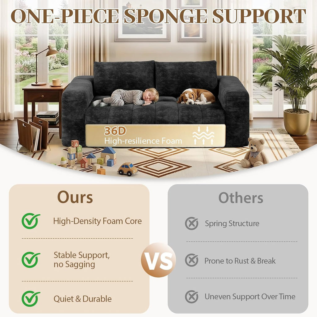 EROMMY 76'' Boneless Couch, 3 Seater Cloud for Living Room, Oversize Loveseat Sofa with Wide Armrest and 2 Back Support, No Assembly Required Chenille Soft Sofa, Black