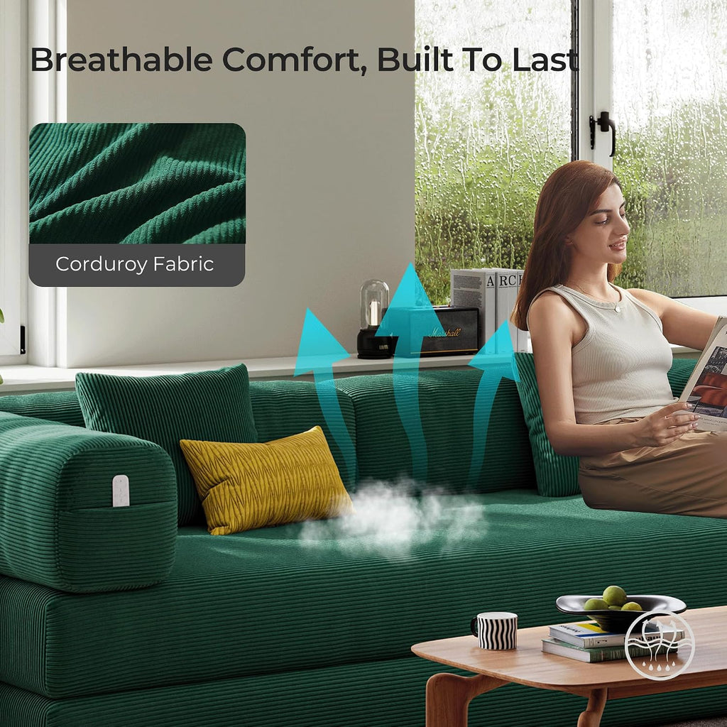 5-in-1 Folding Convertible Sofa Bed, Loveseat Sleeper with Pull-Out Bed, Floor Sofa Modular Futon Couch, 79' Oversized Corduroy Upholstered Boneless Couch for Living Room, Bedroom, Lounge, Green-A