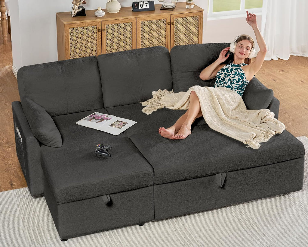 AMERLIFE Sofa Bed, Sleeper Sofa- 2 in 1 Pull Out Couch Bed with Storage Chaise for Living Room, Guest Room, Boucle Dark Grey