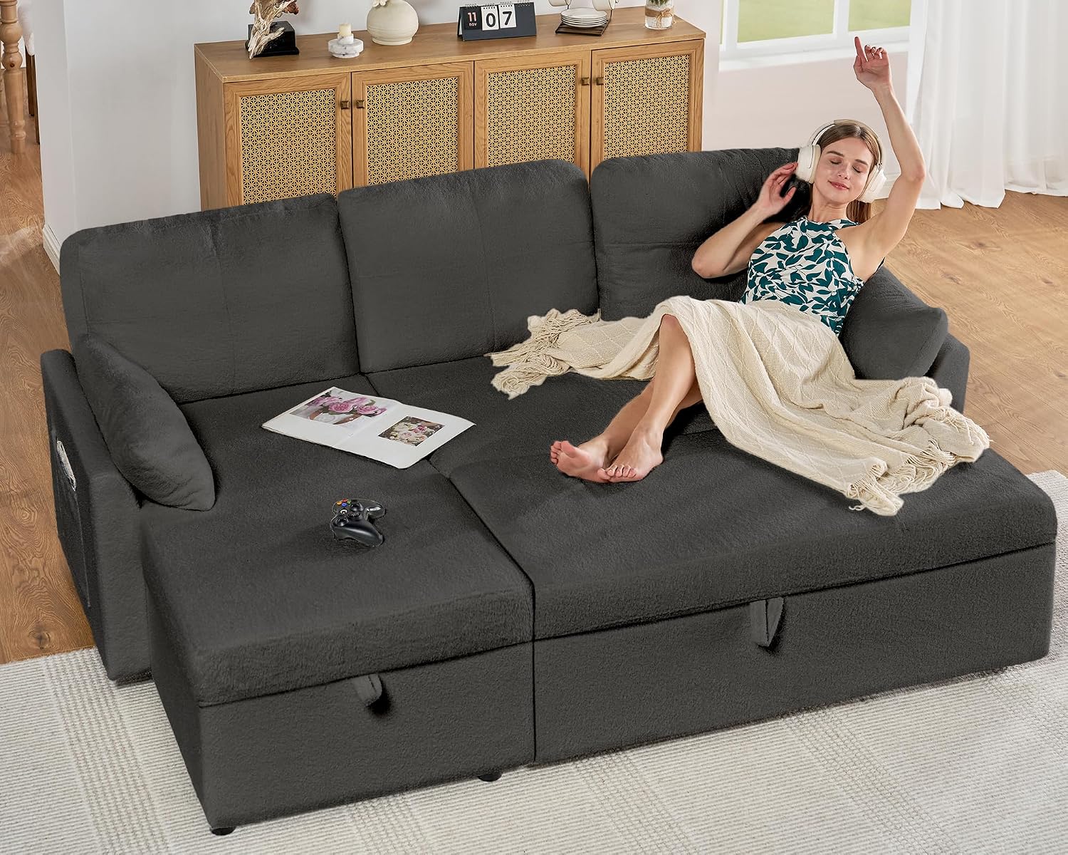 AMERLIFE Sofa Bed, Sleeper Sofa- 2 in 1 Pull Out Couch Bed with Storage Chaise for Living Room, Guest Room, Boucle Dark Grey
