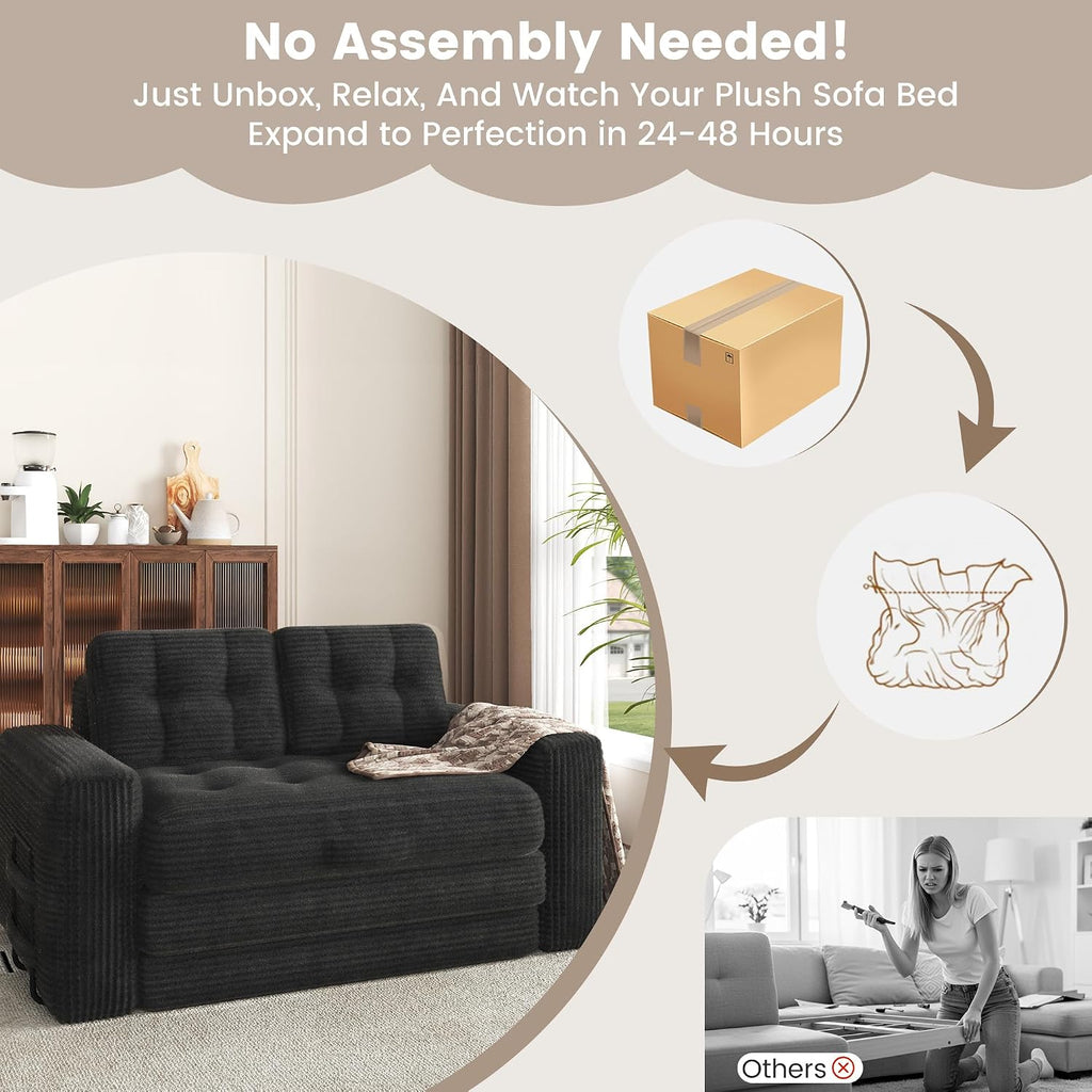 Convertible Sofa Bed, 2 in 1 Boneless Couch Bed with 2 Pillows, Corduroy Pull out Couch Folding Sofa Bed with Deep Seat, Small Loveseat Sleeper Sofa Bed in a Box for Small Spaces, No Assembly Required