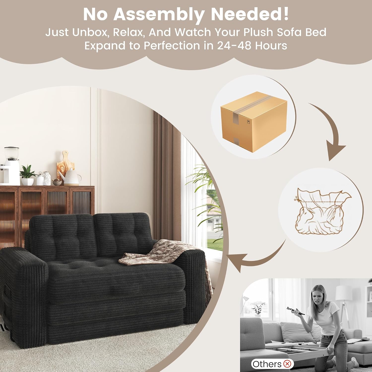 Convertible Sofa Bed, 2 in 1 Boneless Couch Bed with 2 Pillows, Corduroy Pull out Couch Folding Sofa Bed with Deep Seat, Small Loveseat Sleeper Sofa Bed in a Box for Small Spaces, No Assembly Required