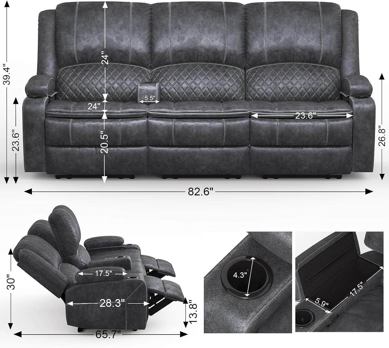 Yolsali 3-Seater Recliner Sofa, Manual Reclining Couch with Multi-Functional Middle Seat, Reclining Sofa for Living Room with Hidden Storage Space, Cup Holders, and Removable Console - Velvet Grey
