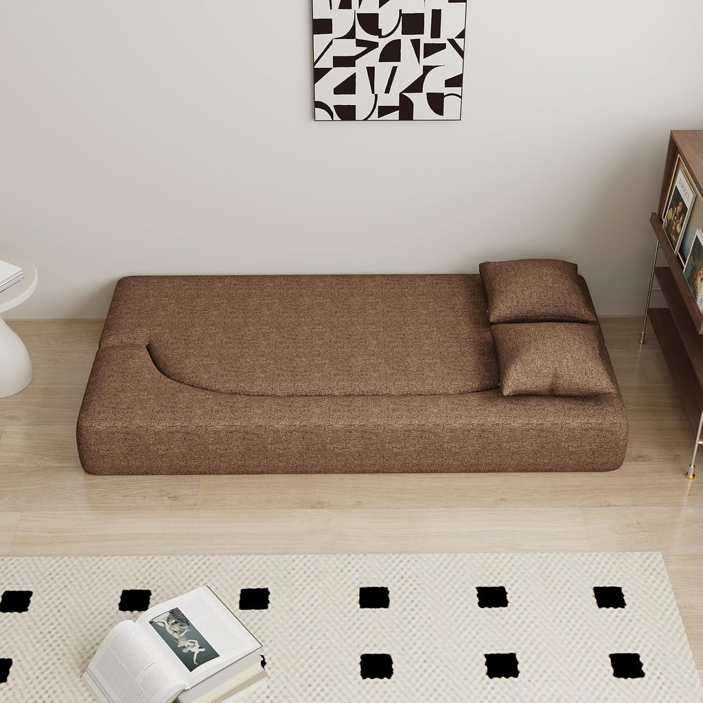 HENGJIANYI Folding Sofa Bed, Convertible Futon Sleeper Bed, 2-in-1 Foldable Floor Mattress with 2 Pillows, Breathable High-Density Foam Lazy Couch, Twin Size Comfy Lounge Chair, Brown