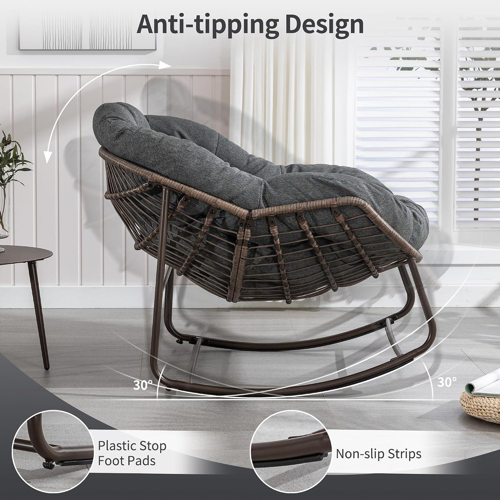 HOMEFUN Nursery Rocking Chairs Oversized Papasan Chair Indoor with Padded Cushion Upholstered Glider for Reading Living Rooms BedroomsOffices, Grey