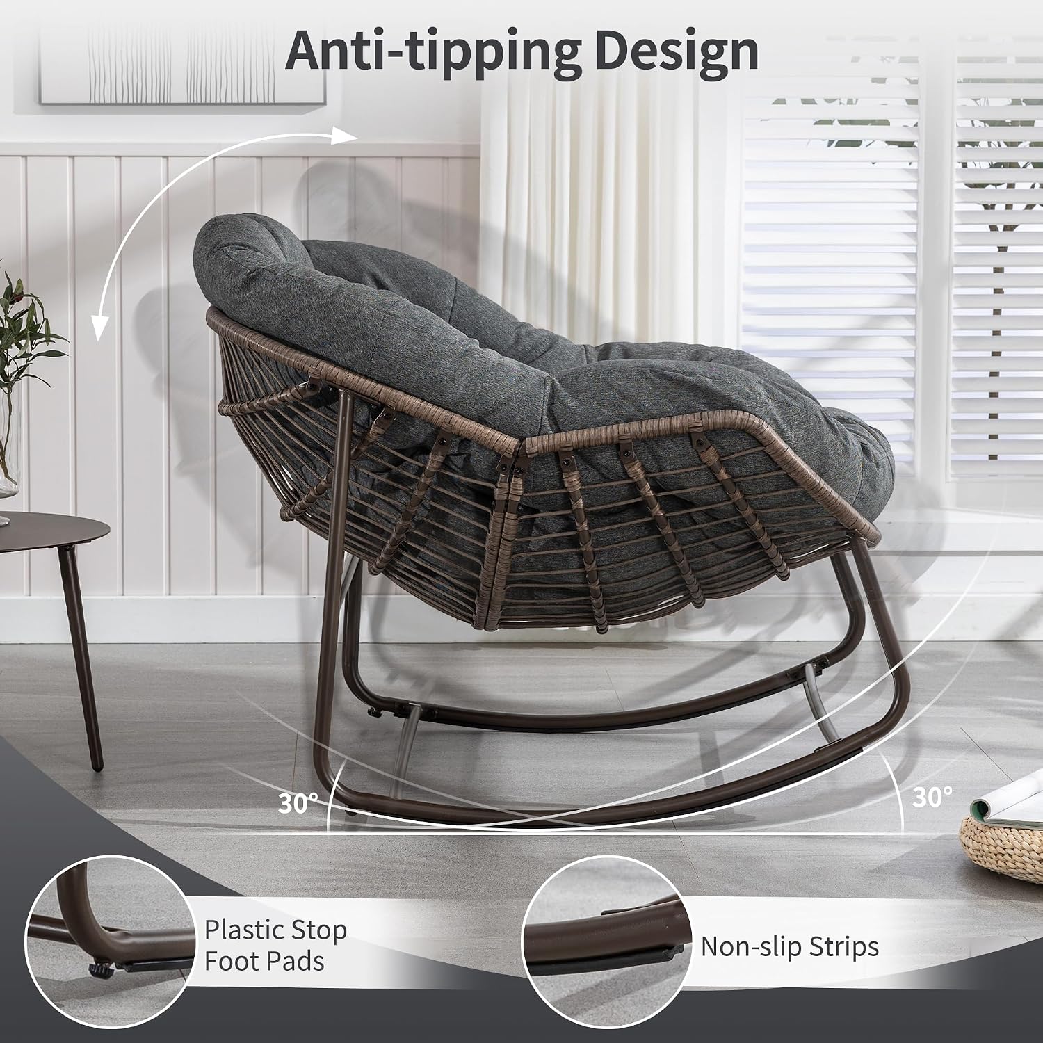 HOMEFUN Nursery Rocking Chairs Oversized Papasan Chair Indoor with Padded Cushion Upholstered Glider for Reading Living Rooms BedroomsOffices, Grey