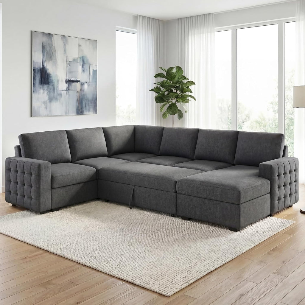HONBAY Sectional Sleeper Sofa with Pull-Out Bed Storage Chaise, 6 Seater Couch for Living Room, Middle Grey