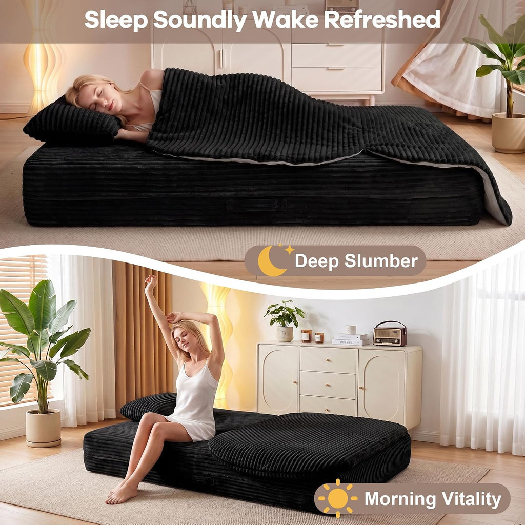 75'' Folding Sleeper Sofa Bed, Convertible Memory Foam Boneless Couch, Foldable Full Size Guest Bed, Modern 2-in-1 Futon Floor Sleeper Sofa with 4 Pillows and Blanket (Corduroy, Black)
