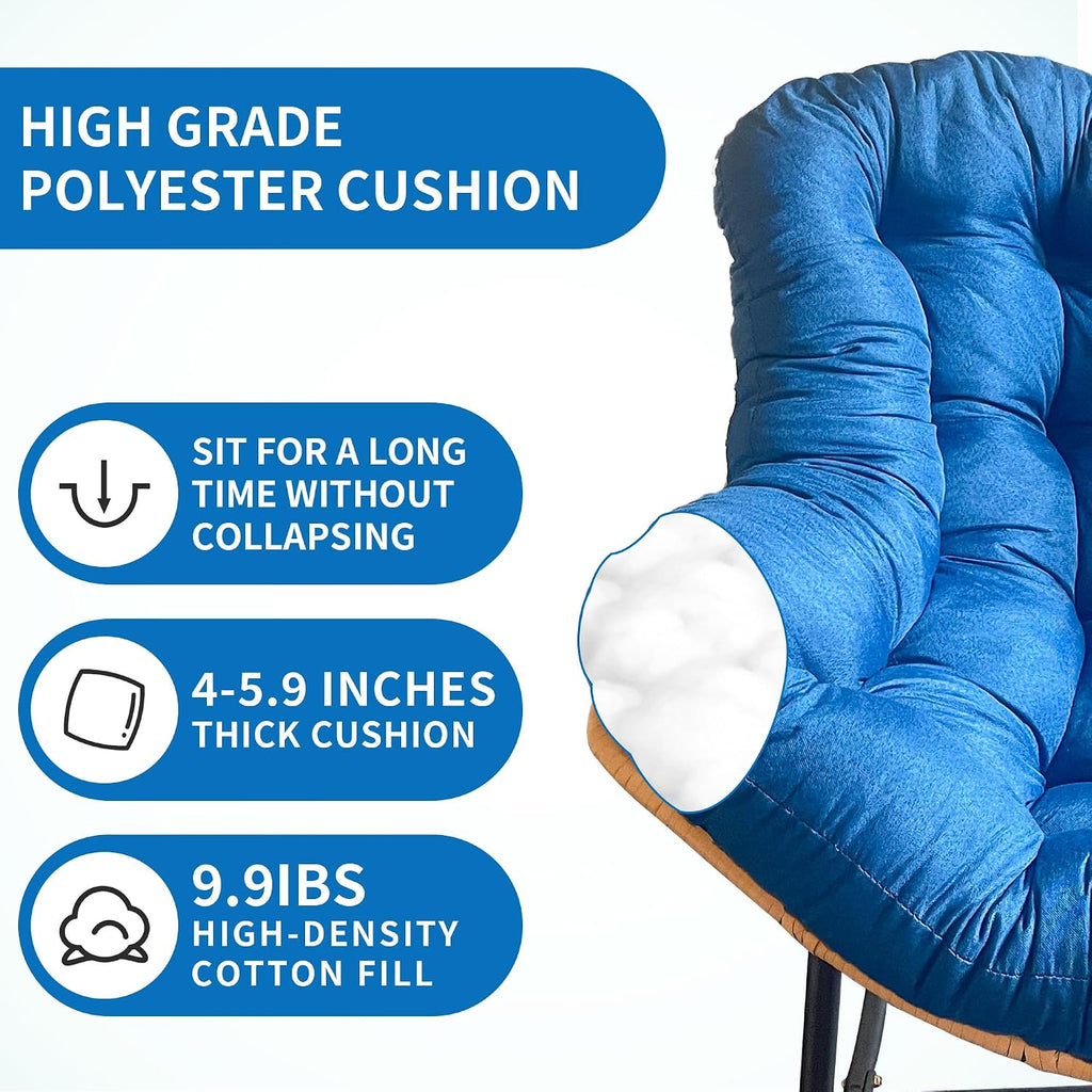 Patio Rocking Egg Chair - Outdoor Rocking Chair with Thick Cushion, Modern Indoor Outdoor Papasan Rocking Chair, Lounge Rocker for Balcony, Living Room, Bedroom, Porch, Patio, Lawn, Garden (Blue)