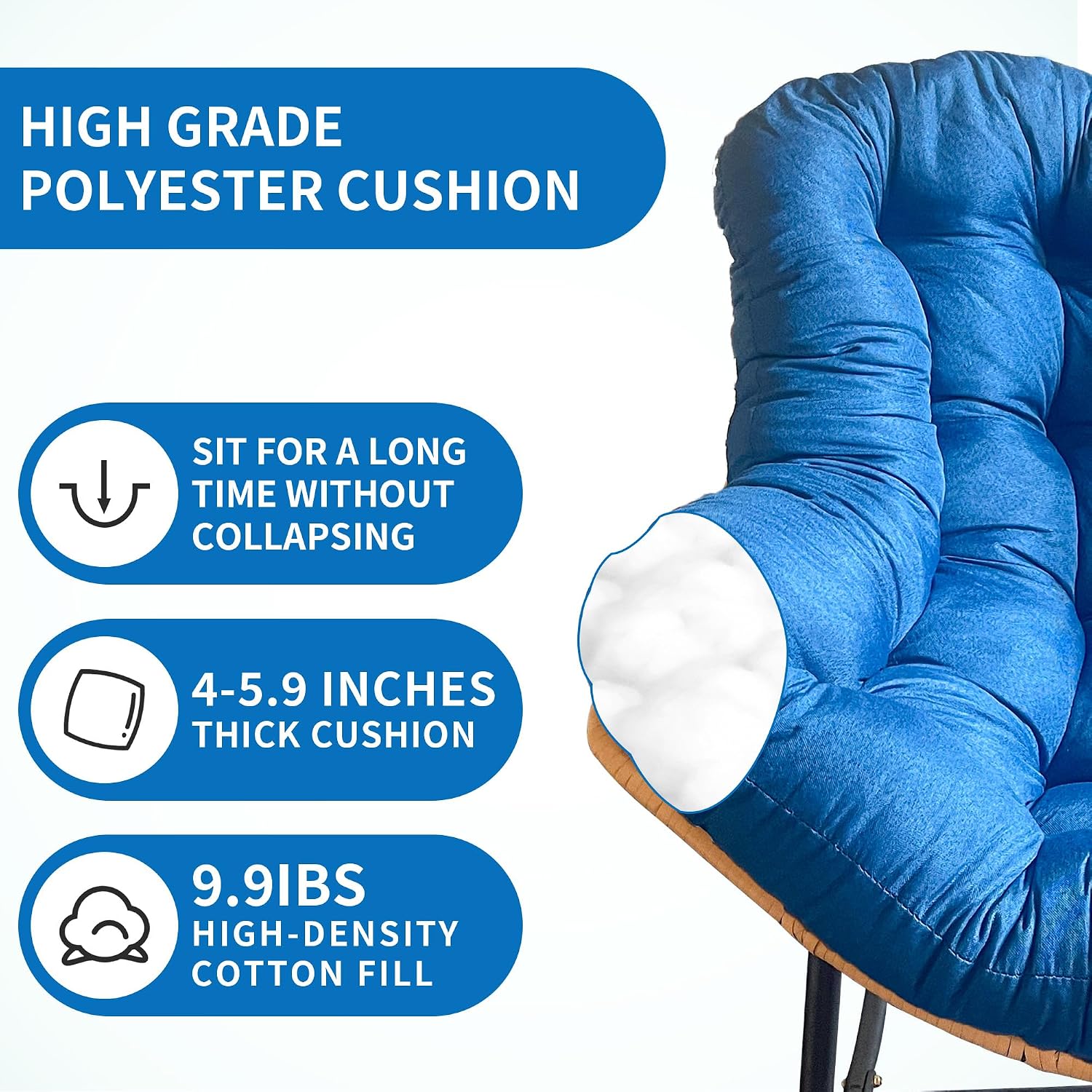 Patio Rocking Egg Chair - Outdoor Rocking Chair with Thick Cushion, Modern Indoor Outdoor Papasan Rocking Chair, Lounge Rocker for Balcony, Living Room, Bedroom, Porch, Patio, Lawn, Garden (Blue)