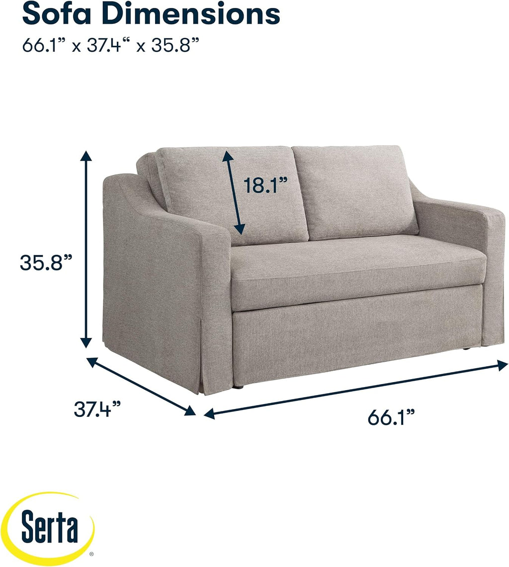 Serta Hawthorne 66.1' Slipcovered Convertible Sleeper Loveseat, Full Size, Dreamcoil Comfort, FingerGuard Pinch Point Protection, Polyester Tweed Fabric, Flax