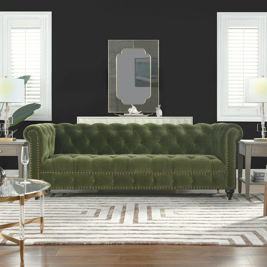 Jennifer Taylor Home Alto 88' Tufted Chesterfield Sofa, Olive Green Performance Velvet