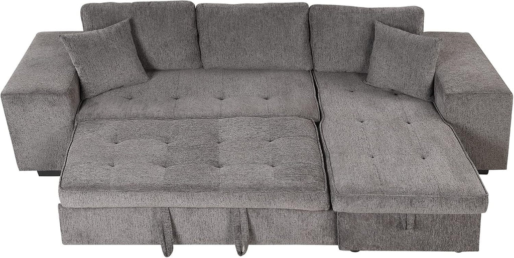 104.5 inch Reversible Sleeper Sectional Sofa with Pull Out Bed , Convertible L Shaped Sectional Couch with Storage Chaise and 2 Stools , Tufted Upholstered Pullout Sofa Bed for Living Room Apartment
