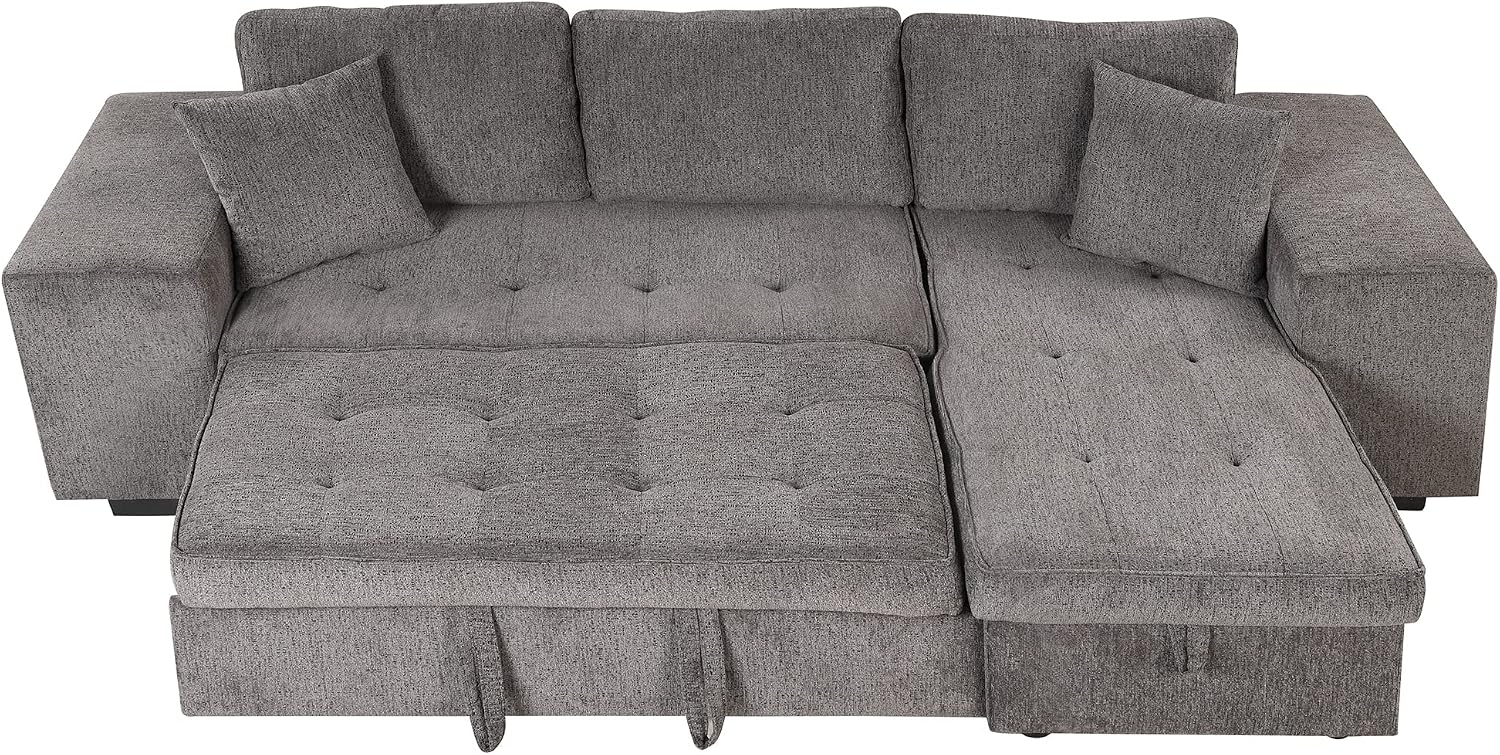 104.5 inch Reversible Sleeper Sectional Sofa with Pull Out Bed , Convertible L Shaped Sectional Couch with Storage Chaise and 2 Stools , Tufted Upholstered Pullout Sofa Bed for Living Room Apartment
