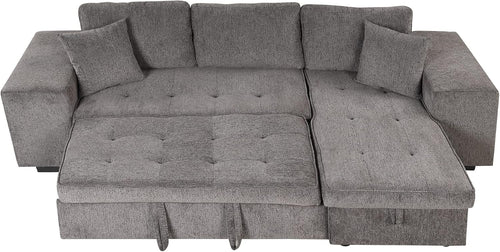 104.5 inch Reversible Sleeper Sectional Sofa with Pull Out Bed , Convertible L Shaped Sectional Couch with Storage Chaise and 2 Stools , Tufted Upholstered Pullout Sofa Bed for Living Room Apartment