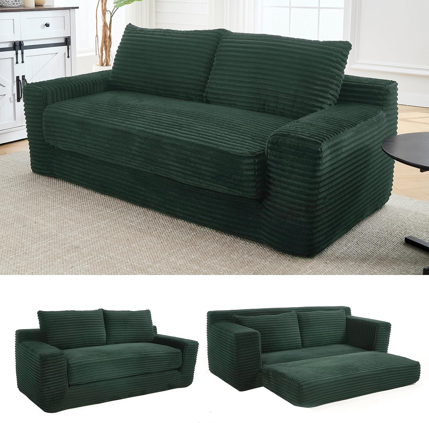 GNIXUU Corduroy Cloud Loveseat Sofa, 2 in 1 Convertible Sleeper Sofa with Fixed-Shape Frame, Comfy Folding Boneless Love Seat Couches for Living Room, Apartment, Small Spaces Green