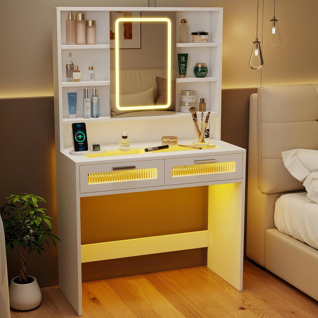 Hadulcet 35.5' Small Vanity Desk with Mirror and Lights, White LED Makeup Vanity Desk with 2 Acrylic Drawers, 6 Storage Shelves and Power Outlets for Girls Women Dressing Room
