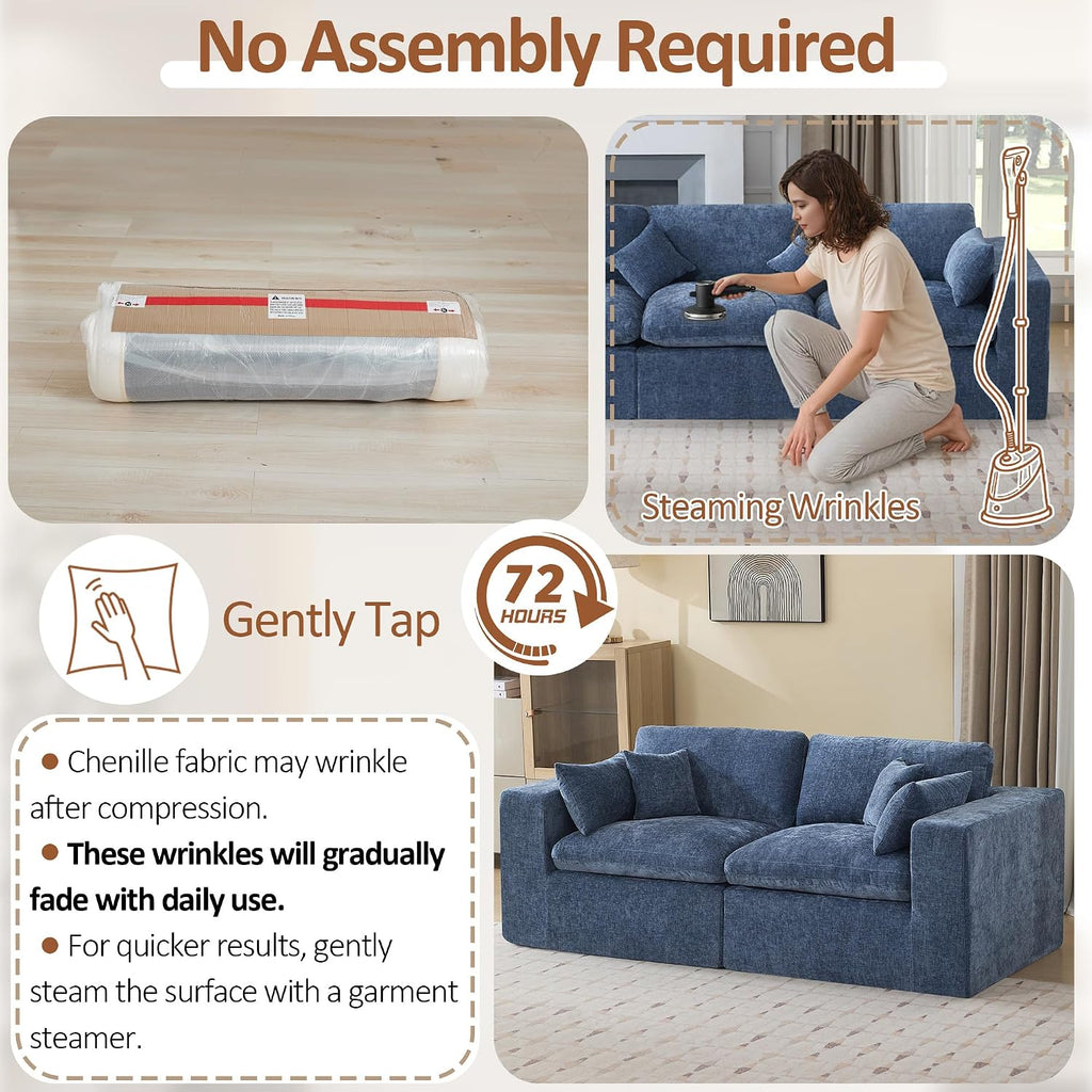 83''Cloud Boneless Sectional Couch, Modular Sectional Sofa Deep Seat, Upholstered Convertible Comfy Loveseat Chenille Memory Foam Sofa Couches for Living Room, Blue