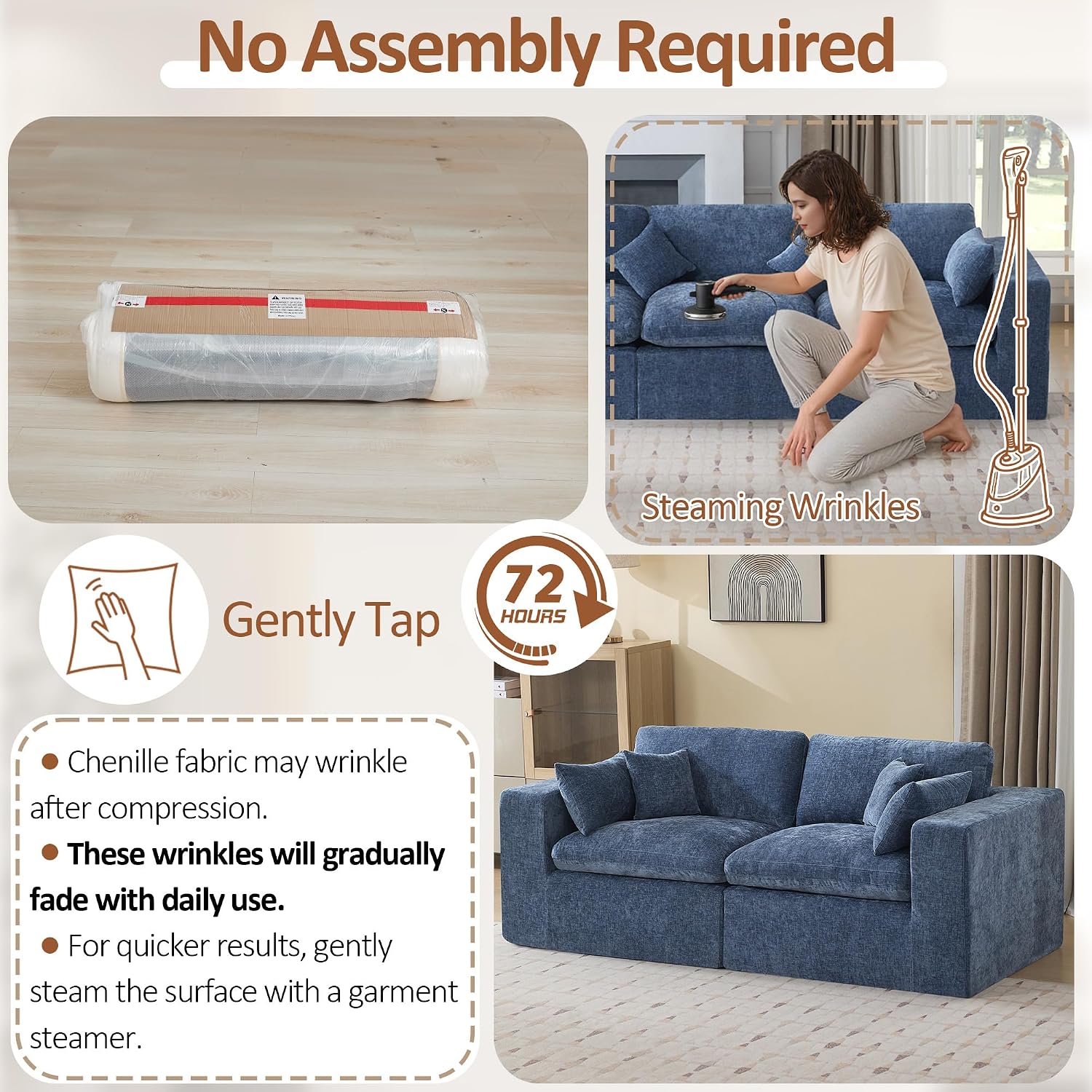 83''Cloud Boneless Sectional Couch, Modular Sectional Sofa Deep Seat, Upholstered Convertible Comfy Loveseat Chenille Memory Foam Sofa Couches for Living Room, Blue
